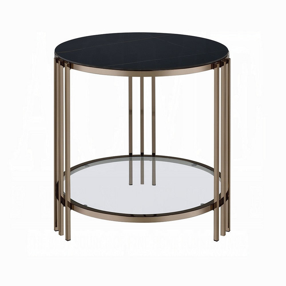 Abio Side End Table | 23" | Round Sintered Stone Top | Black and Gold