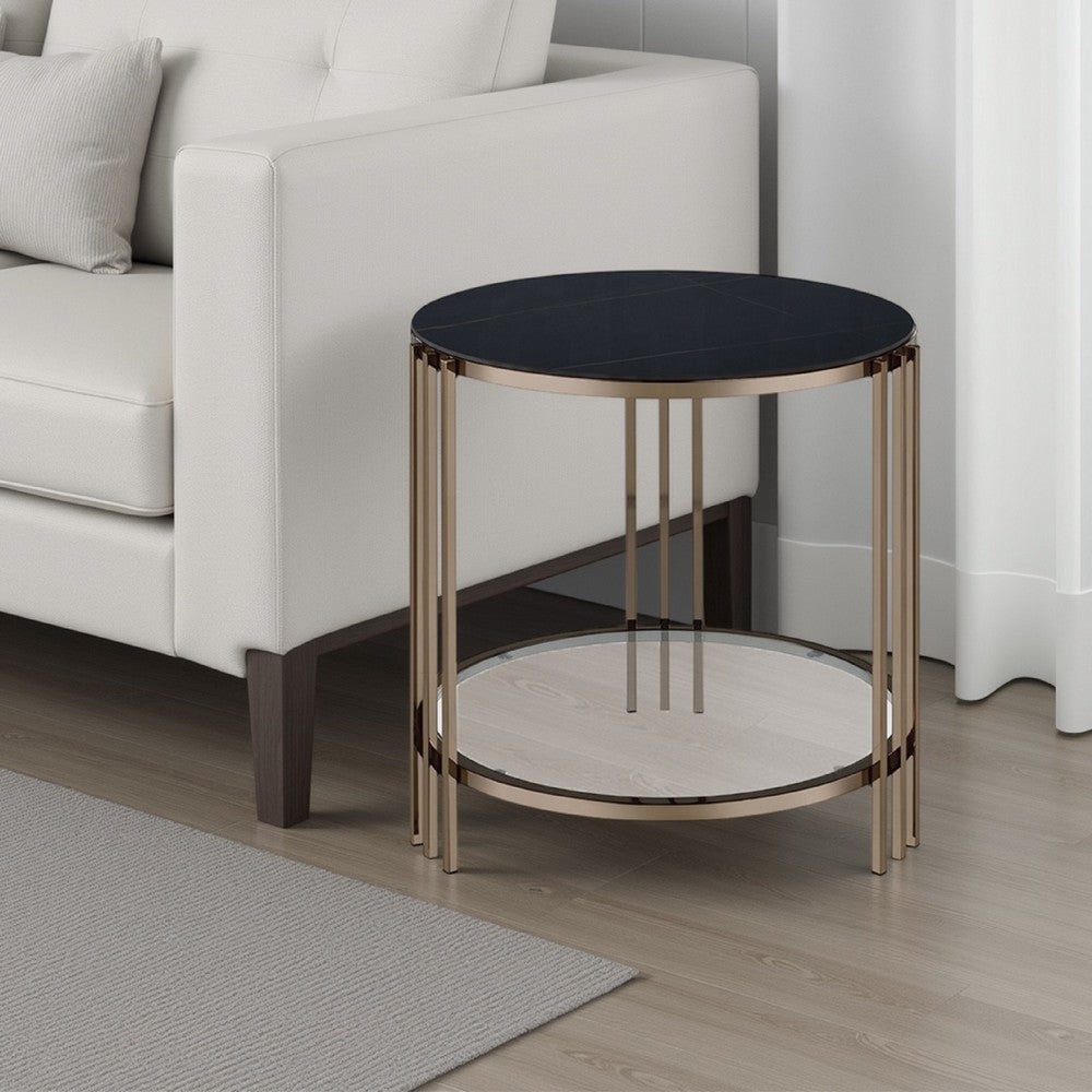 Abio Side End Table | 23" | Round Sintered Stone Top | Black and Gold