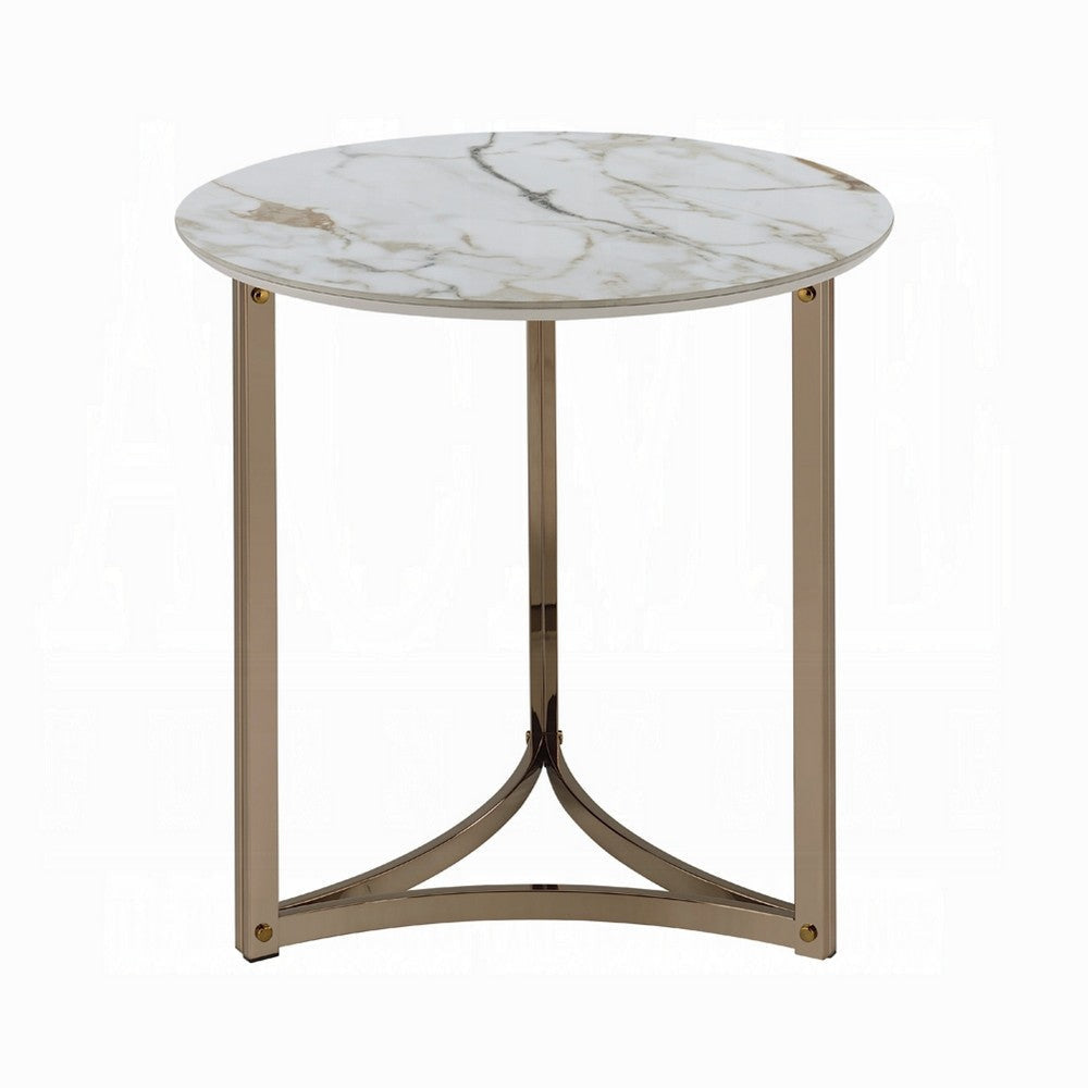 Acor Side End Table | 24’’ | Round Sintered Stone Top | White and Gold BM333071