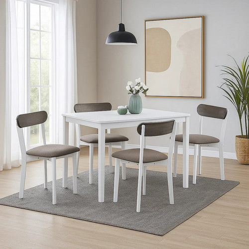 Ideli 5 Piece Dining Table Set with 4 Chairs | Brown Linen White Wood