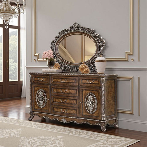 Vany Dresser Mirror | Intricate Brushed Champagne | Cherry Wood 43x53