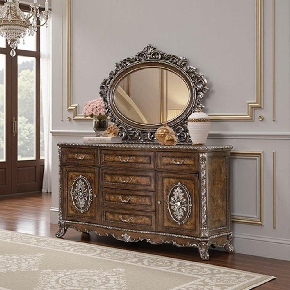 Vany Dresser Mirror | Intricate Brushed Champagne | Cherry Wood 43x53