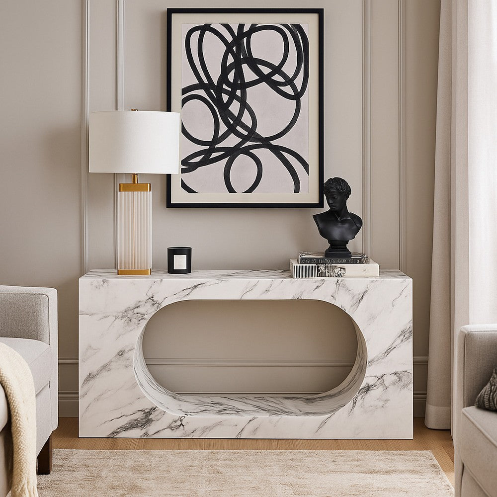 Ritzy Console Table | White Marble Faux Stone | Modern Design | 59"