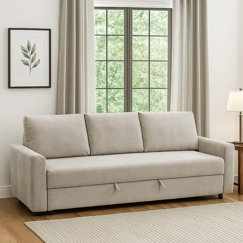 Eira Sofa with Fold Out Sleeper Full Size Bed | Beige Linen | 89"