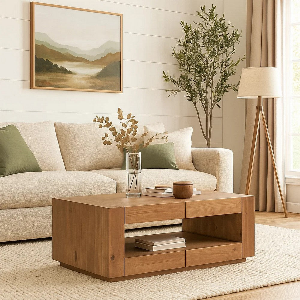 Ayma Coffee Table | 1 Inner Shelf | Brown Oak Wood | Rectangular 50"