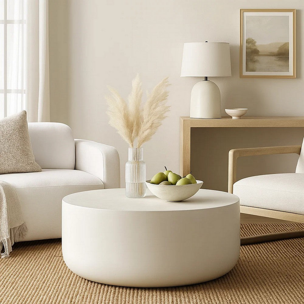 Utan Coffee Table | Modern Natural White Cement Frame | Round 31"