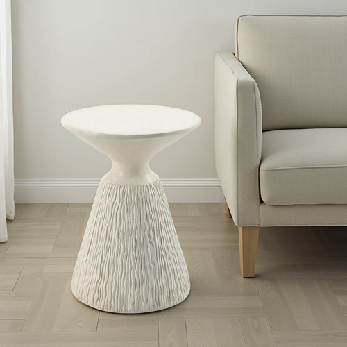 Uane Accent Table | Sculpted Natural White Cement | Round 16" Top