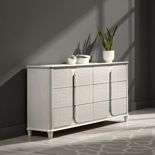 Veda Wide Dresser | Luxurious Pearl White Wood | 6 Modern Drawers