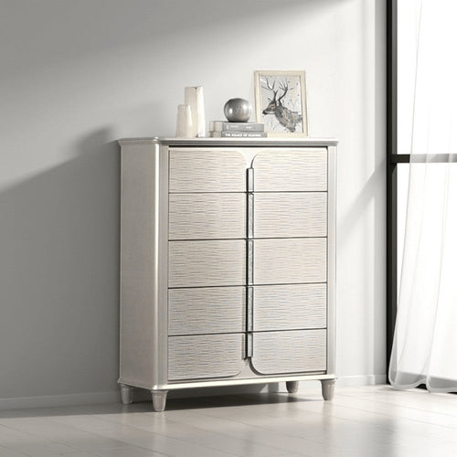 Veda Tall Dresser Chest | Elegant Pearl White Wood | 5 Modern Drawers