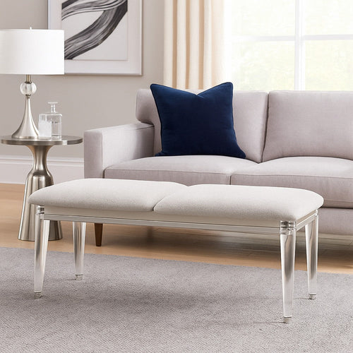 Veda Accent Bench | Light Gray Boucle | Pearl White Wood Finish | 54"