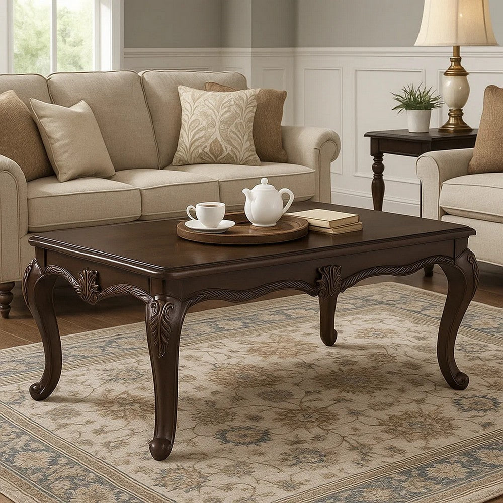 Reese Coffee Table | European Carved Classic Cherry Brown Wood | 48"