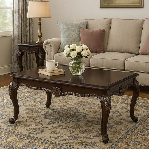 Reese Coffee Table | European Carved Classic Cherry Brown Wood | 48"