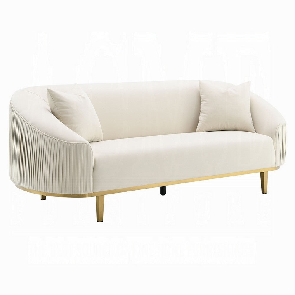 Artina Sofa | 2 Accent Throw Pillows | Ivory Velvet | Gold Metal | 89"