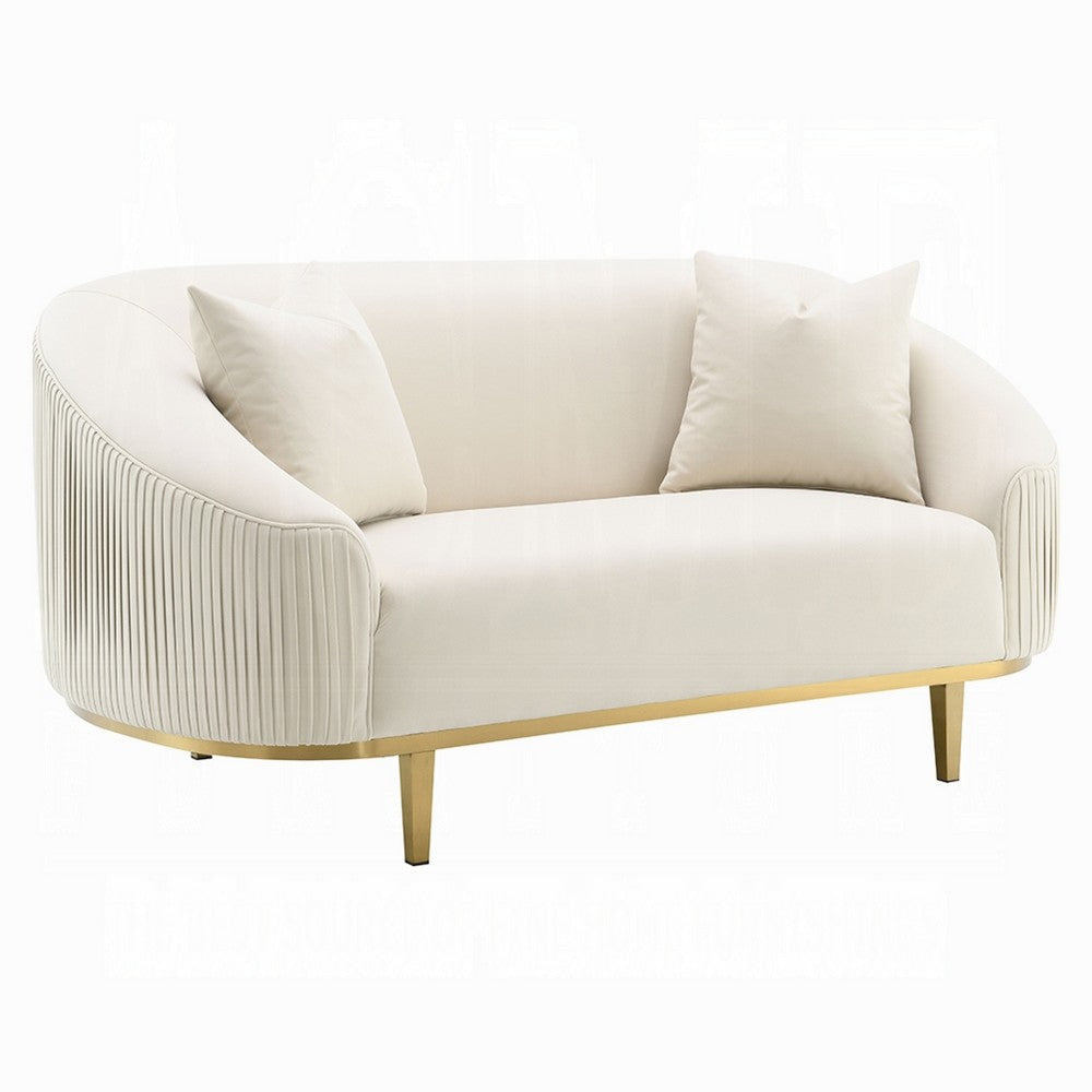 Artina Loveseat | 2 Accent Throw Pillows | Ivory Velvet and Gold 74"