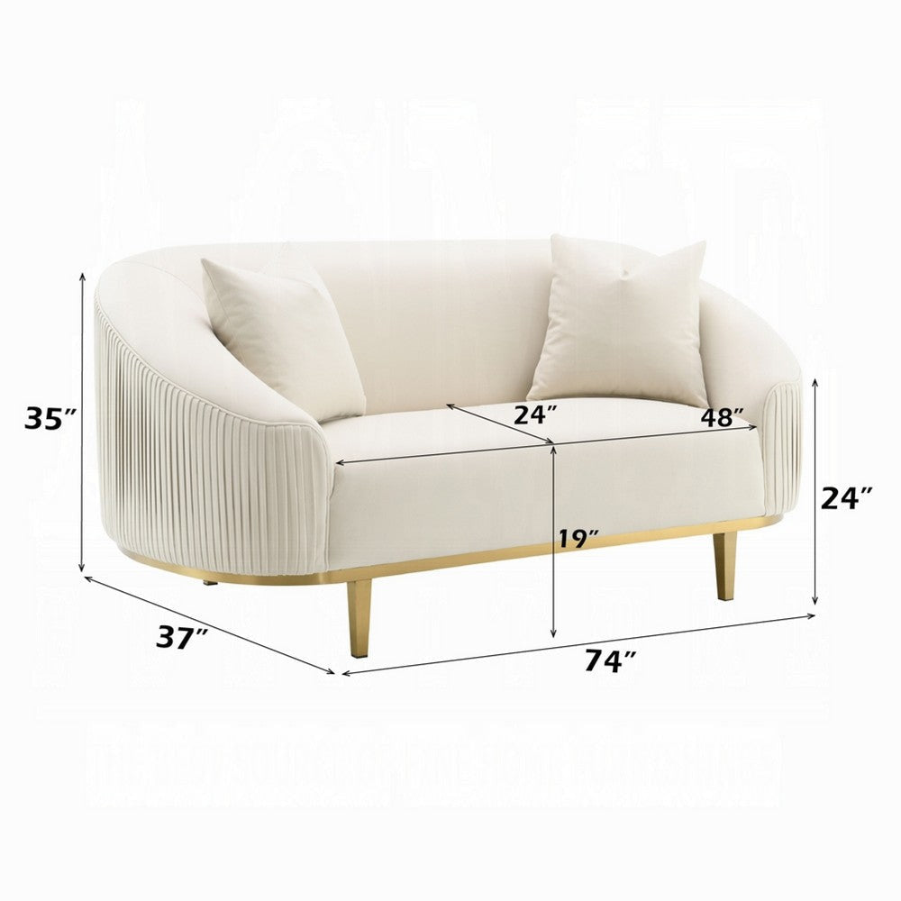 Artina Loveseat | 2 Accent Throw Pillows | Ivory Velvet and Gold 74’’ BM333149
