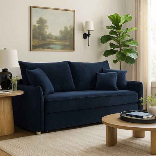 Leif Sleeper Sofa | Full Fold Out Bed | 3 Pillows | Blue Velvet 88"