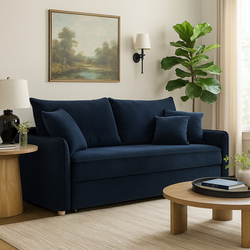 Leif Sleeper Sofa | Full Fold Out Bed | 3 Pillows | Blue Velvet 88"