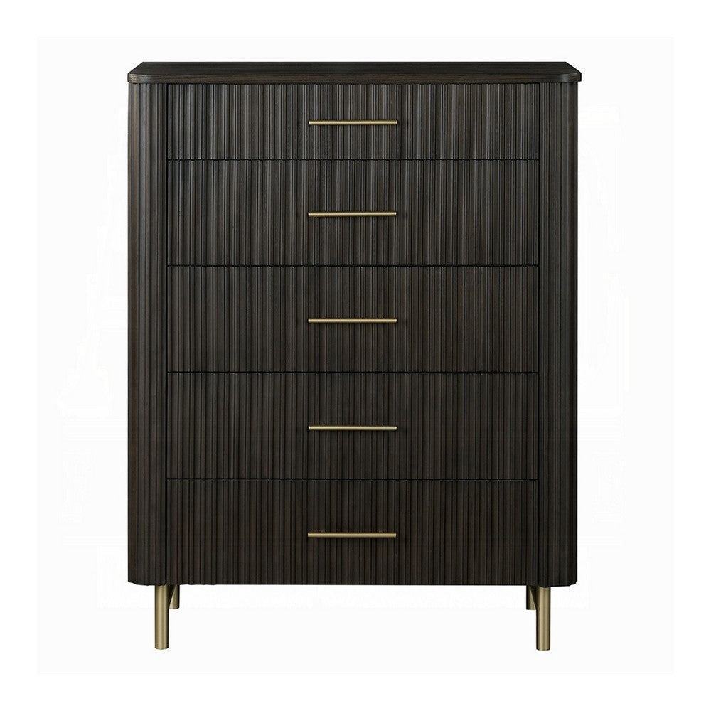 Jeh Tall Dresser Chest | 5 Drawers | Espresso Brown Wood | Gold Metal BM333159
