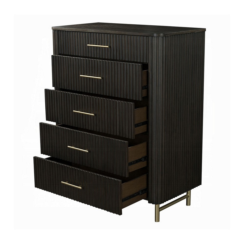 Jeh Tall Dresser Chest | 5 Drawers | Espresso Brown Wood | Gold Metal BM333159