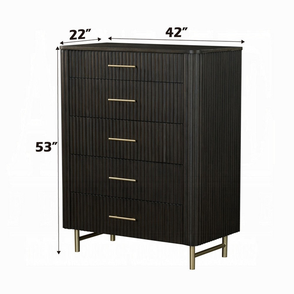 Jeh Tall Dresser Chest | 5 Drawers | Espresso Brown Wood | Gold Metal BM333159