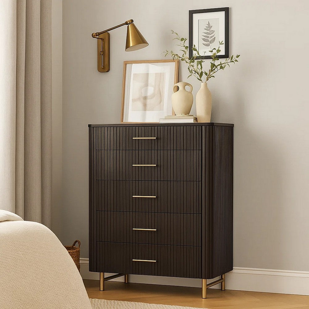 Jeh Tall Dresser Chest | 5 Drawers | Espresso Brown Wood | Gold Metal