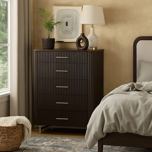 Jeh Tall Dresser Chest | 5 Drawers | Espresso Brown Wood | Gold Metal