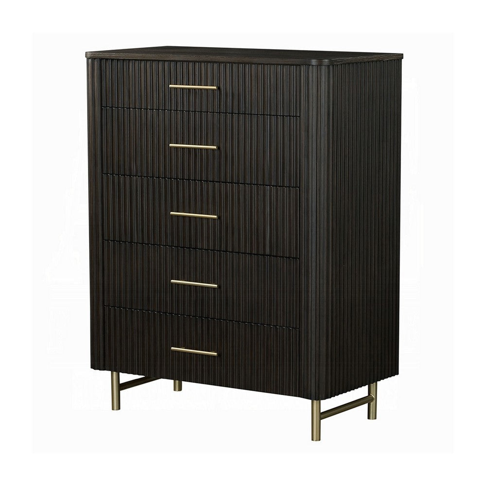 Jeh Tall Dresser Chest | 5 Drawers | Espresso Brown Wood | Gold Metal