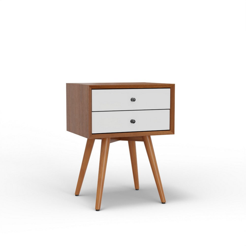 Ian Small Nightstand | 2 Drawers | Brown and White Solid Mahogany Wood
