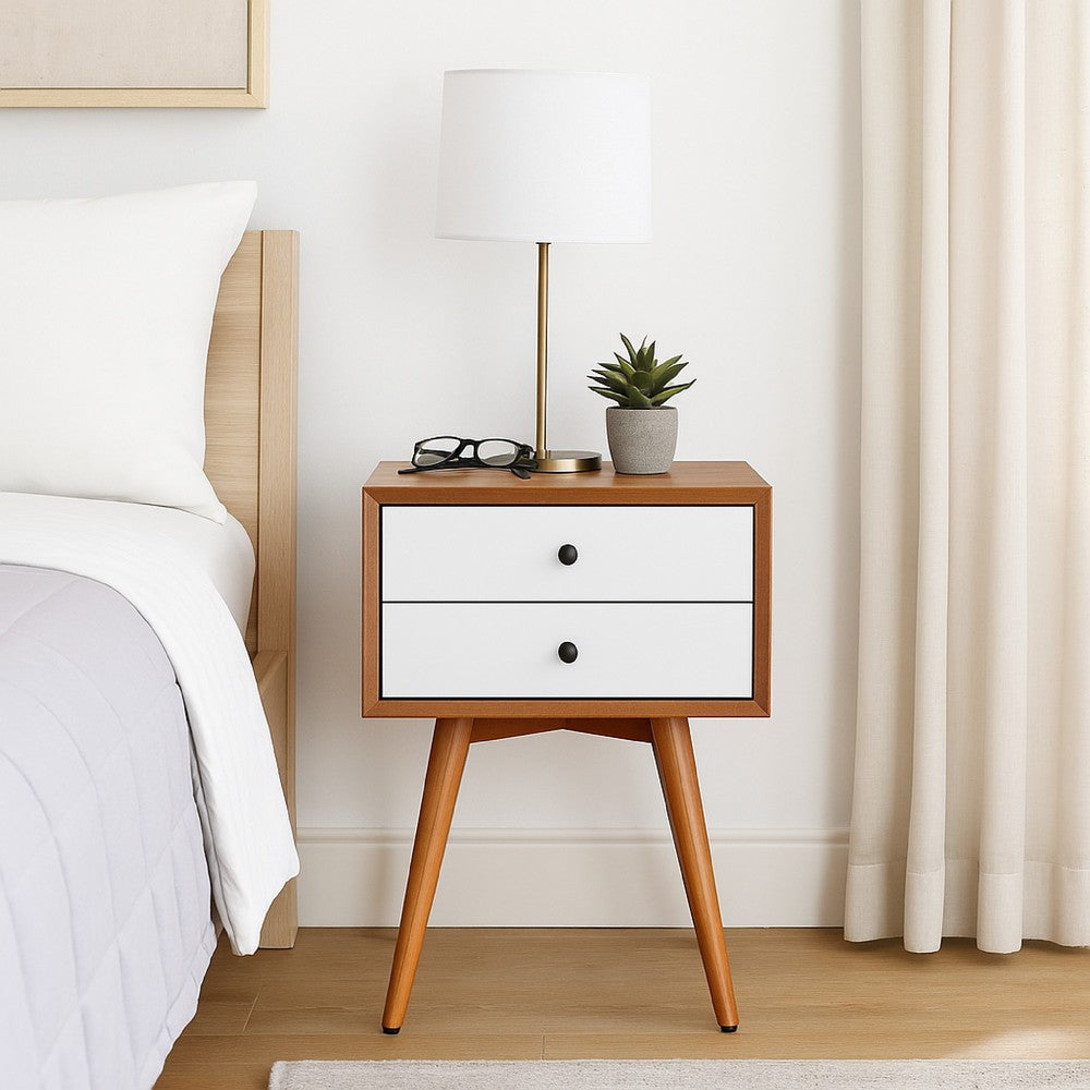 Ian Small Nightstand | 2 Drawers | Brown and White Solid Mahogany Wood