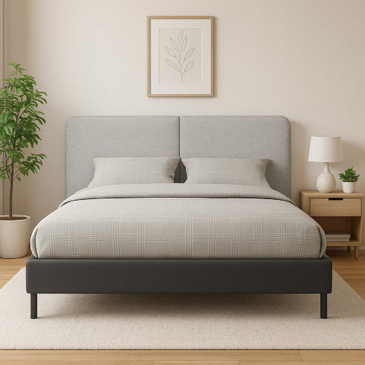Delen Full Size Bed | Gray Upholstered Split Headboard | Black Metal