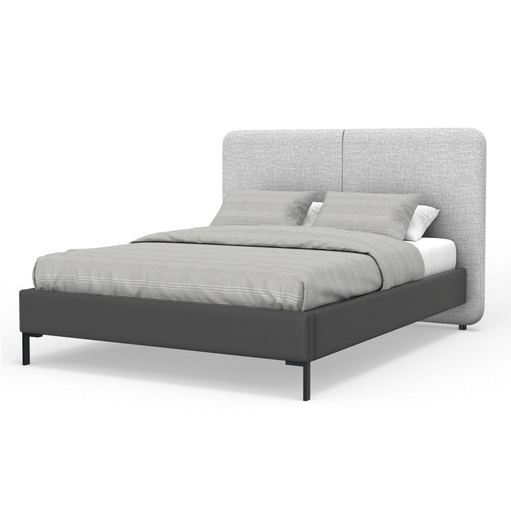 Delen Queen Size Bed | Gray Upholstered Split Headboard | Black Metal