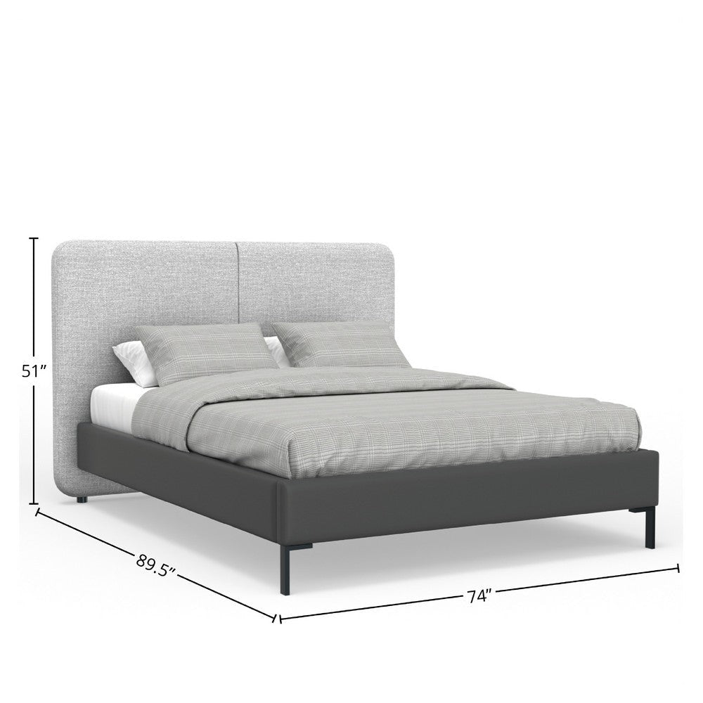 Delen Queen Size Bed | Gray Upholstered Split Headboard | Black Metal