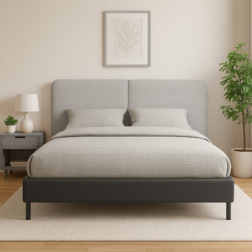 Delen Queen Size Bed | Gray Upholstered Split Headboard | Black Metal