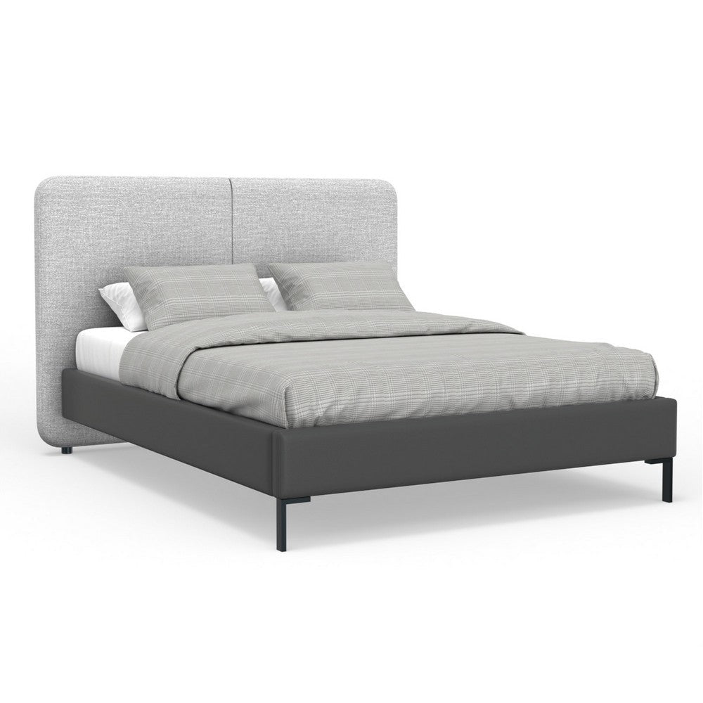 Delen Queen Size Bed | Gray Upholstered Split Headboard | Black Metal