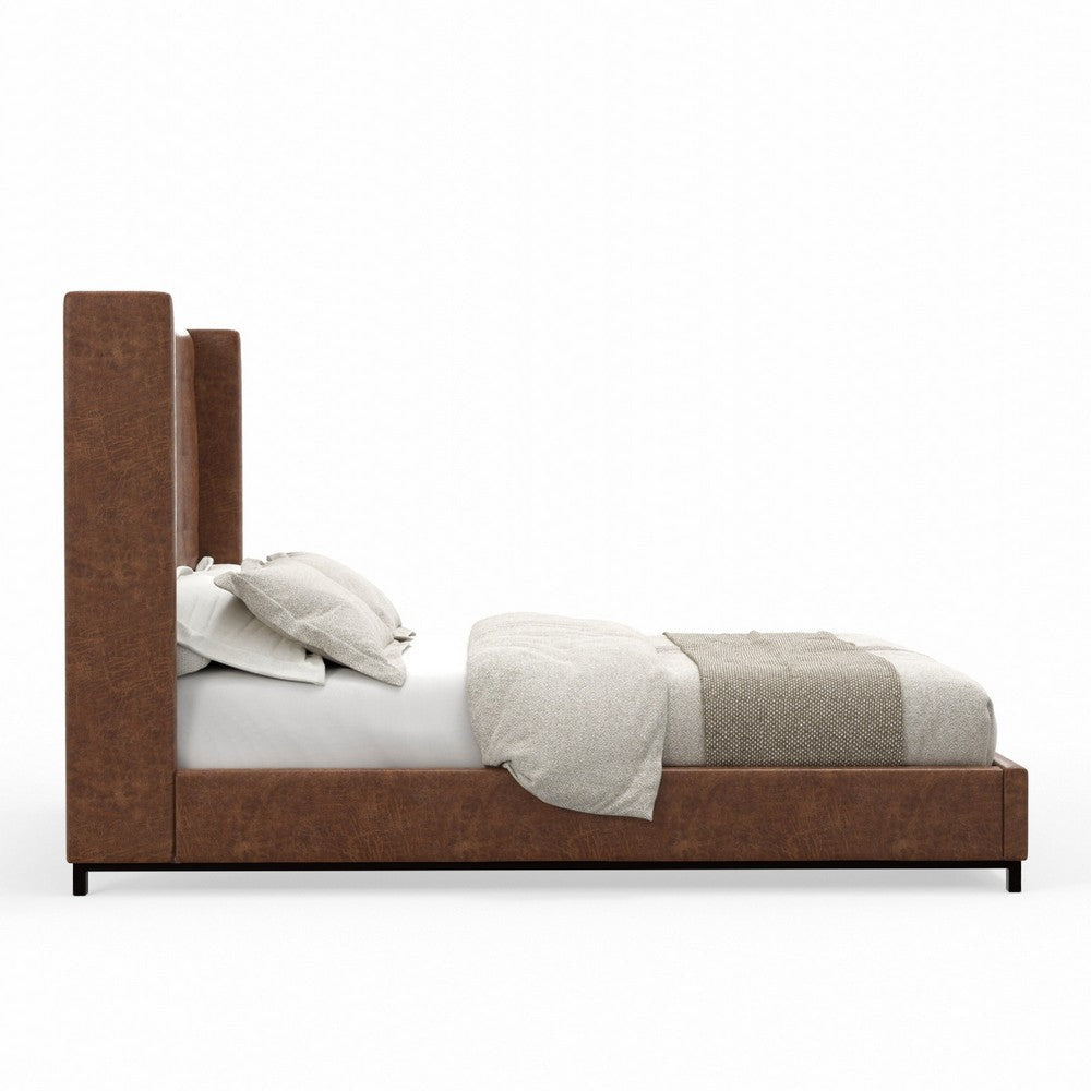 Domy King Bed | Brown Faux Leather Upholstery | Wingback Headboard