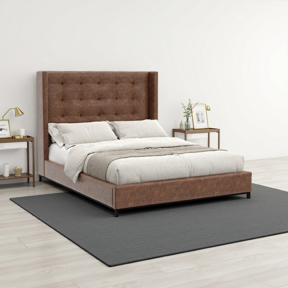 Domy King Bed | Brown Faux Leather Upholstery | Wingback Headboard