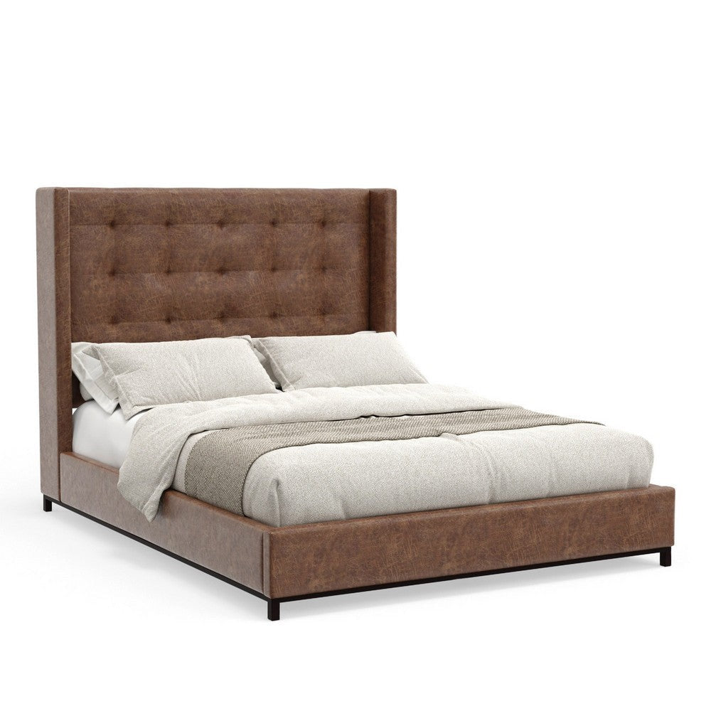 Domy Full Size Bed | Brown Faux Leather Upholstery Wingback Headboard