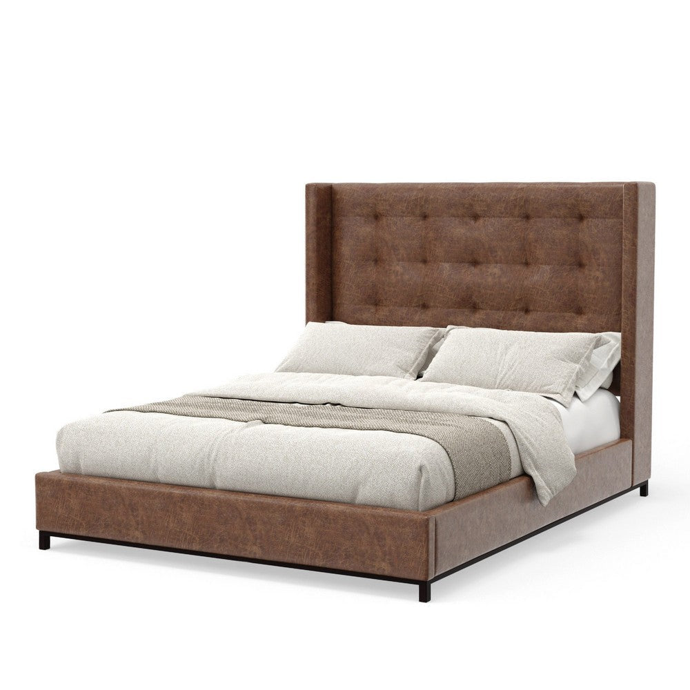 Domy Full Size Bed | Brown Faux Leather Upholstery Wingback Headboard
