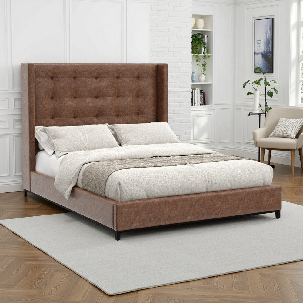 Domy Full Size Bed | Brown Faux Leather Upholstery Wingback Headboard