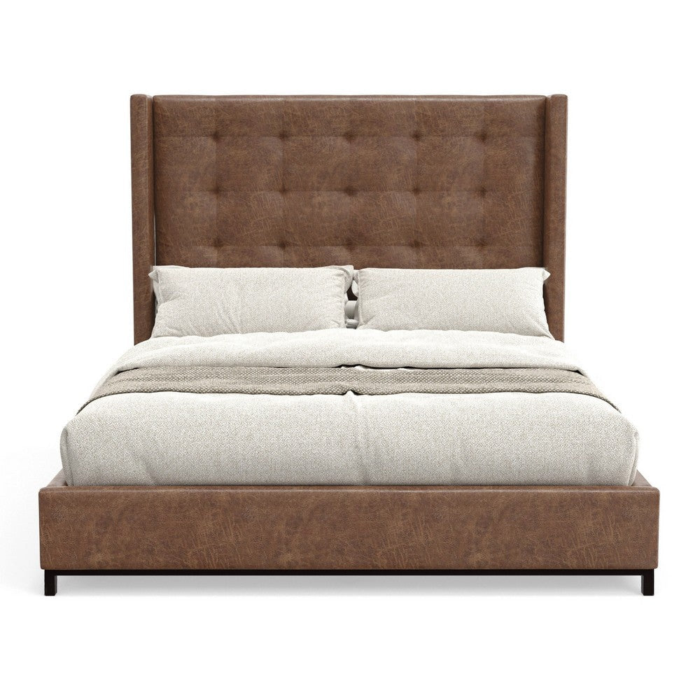 Domy Queen Bed | Brown Faux Leather Upholstery | Wingback Headboard