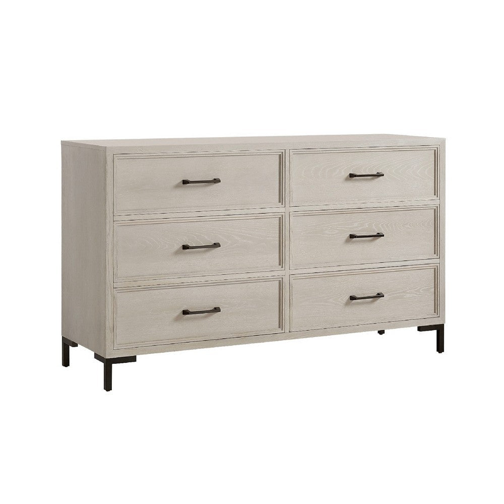 Bedy Wide Dresser | 6 Drawers | Black Metal | Antique White Oak Wood BM333178