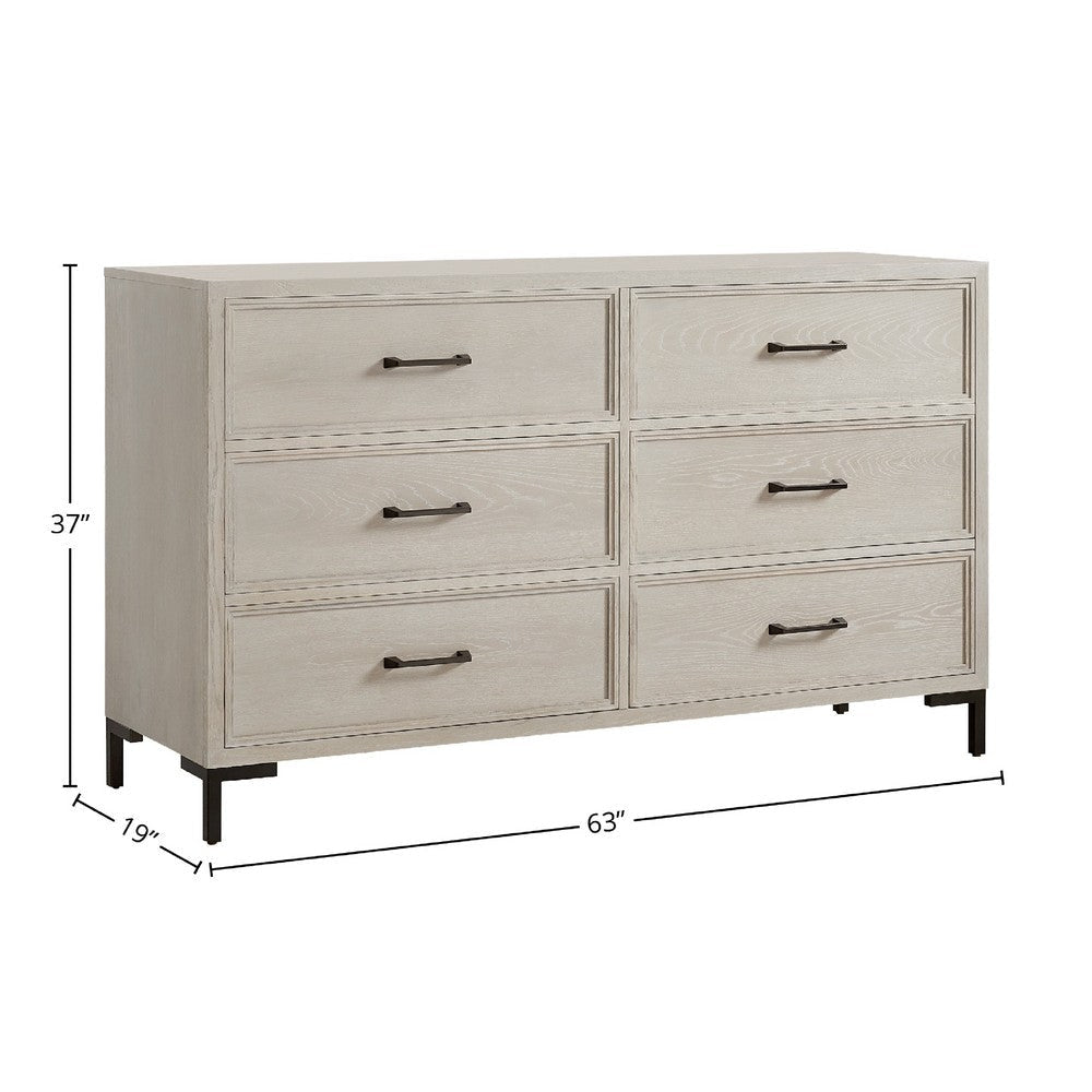 Bedy Wide Dresser | 6 Drawers | Black Metal | Antique White Oak Wood BM333178