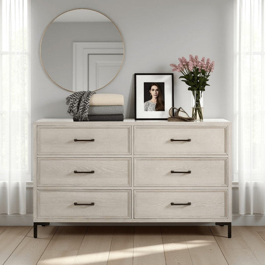 Bedy Wide Dresser | 6 Drawers | Black Metal | Antique White Oak Wood