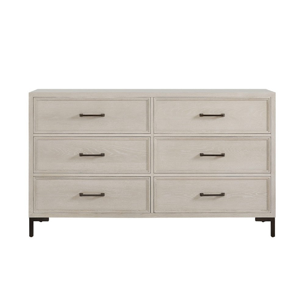 Bedy Wide Dresser | 6 Drawers | Black Metal | Antique White Oak Wood