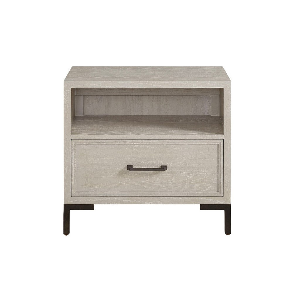 Bedy Nightstand | Drawer Cubby | Black Metal | Antique White Oak Wood BM333180