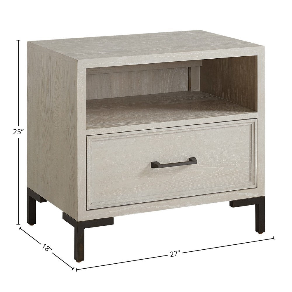 Bedy Nightstand | Drawer Cubby | Black Metal | Antique White Oak Wood BM333180