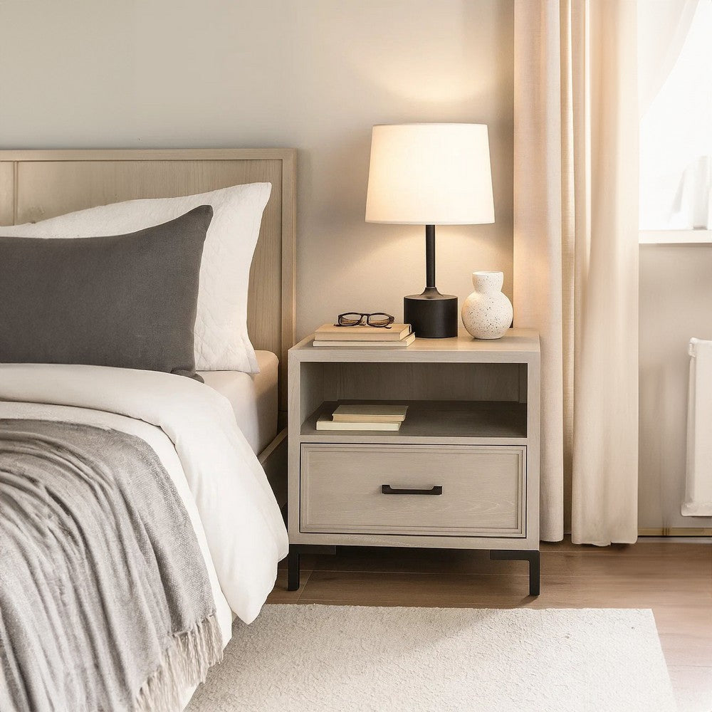 Bedy Nightstand | Drawer Cubby | Black Metal | Antique White Oak Wood BM333180