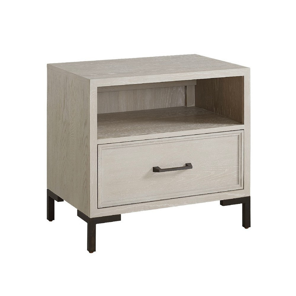 Bedy Nightstand | Drawer Cubby | Black Metal | Antique White Oak Wood BM333180