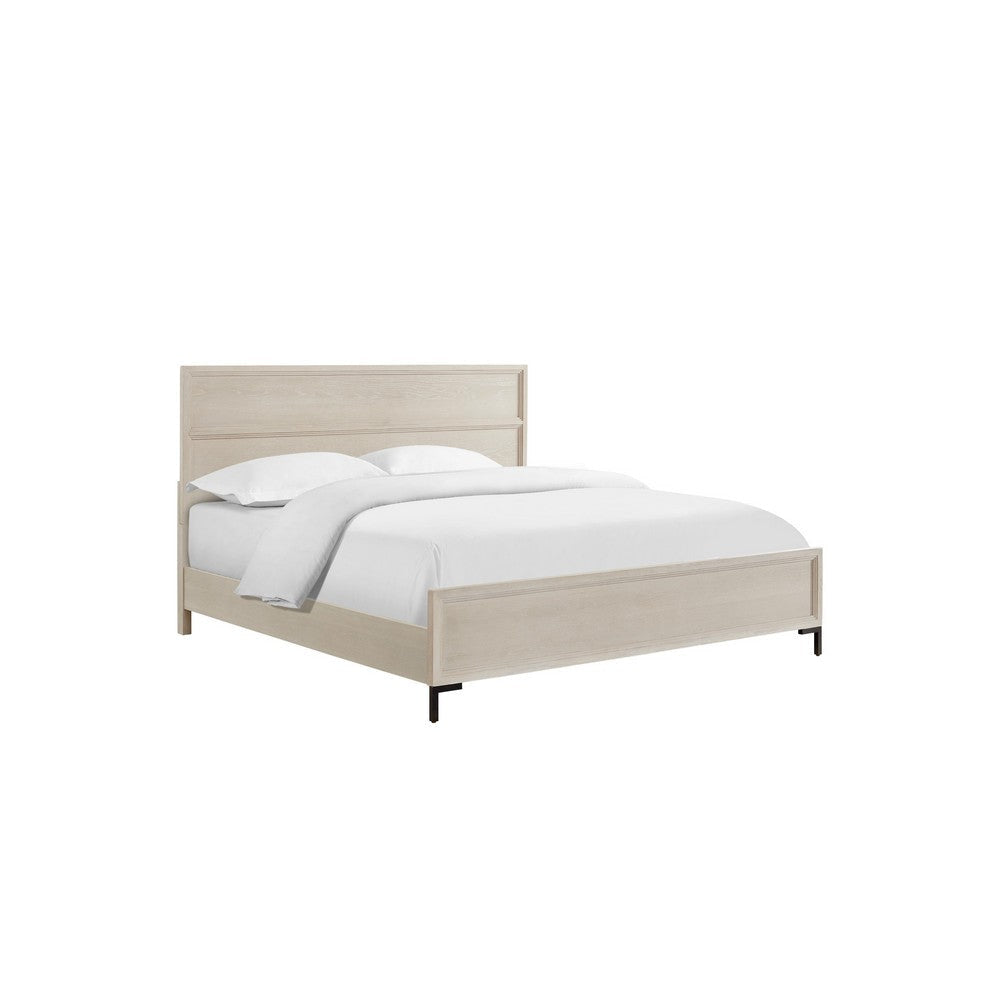 Bedy King Platform Bed | Black Metal | Antique White Panel Headboard