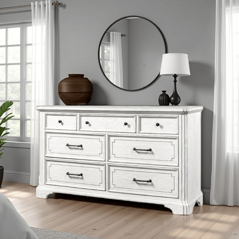 Lesy Wide Dresser | 7 Drawers | Black | Vintage White Poplar Wood